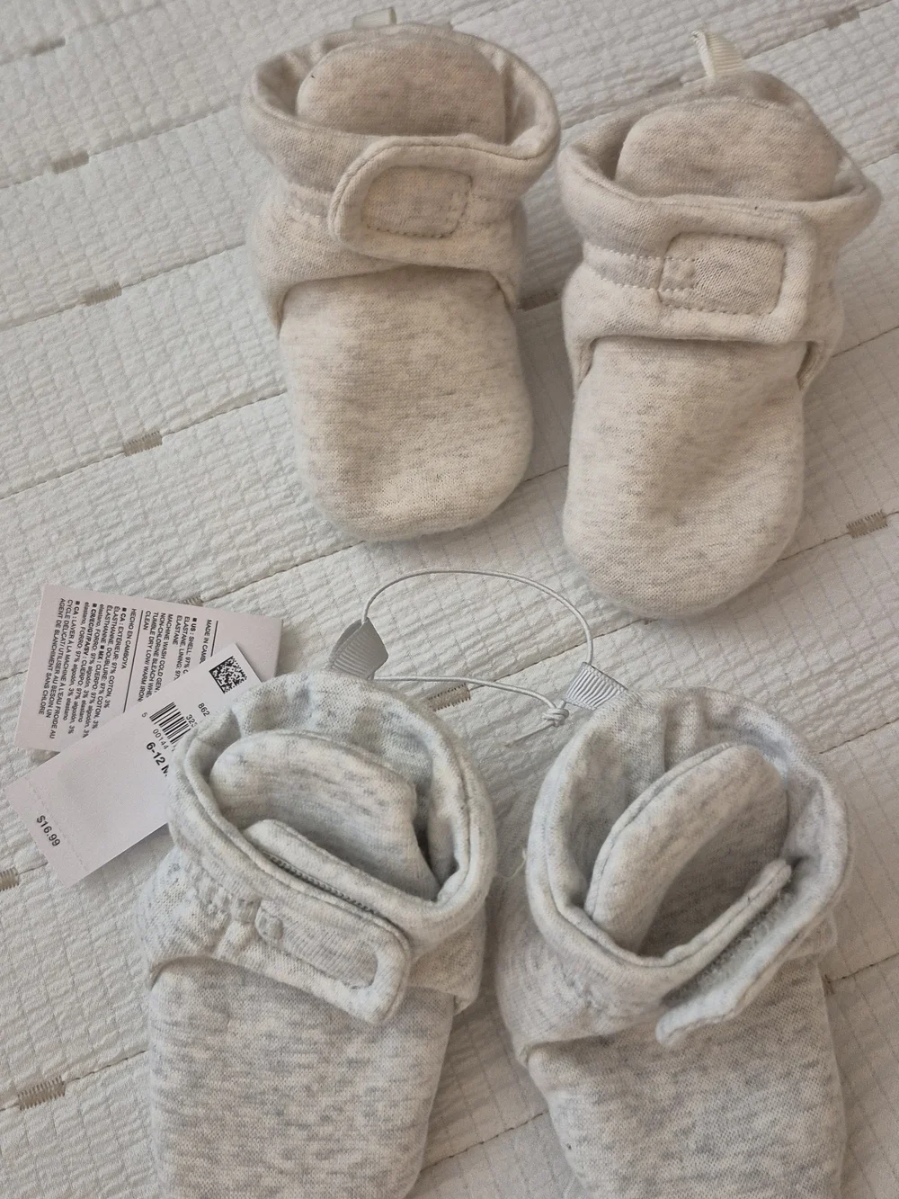 2 For 1 Pair Baby Booties in Heathered Cream & Grey - Velcro Closure